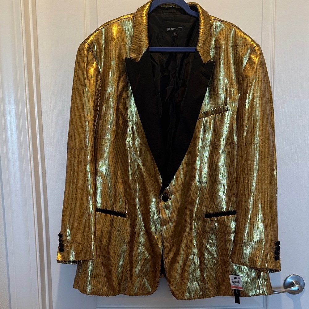 INC International Concepts Gold Sequin Blazer with Black Satin Trim